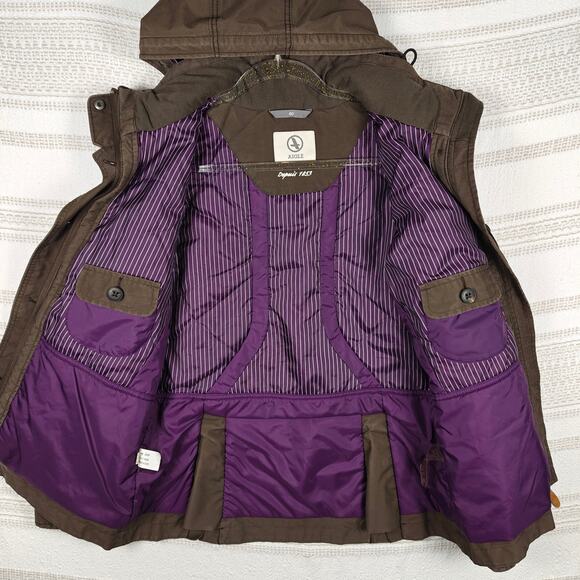 Aigle Brown Hooded Jacket Purple Lining 4 Pocket Women’s Size 40 M - Picture 3 of 9